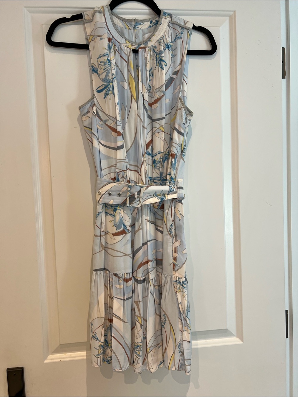 Reiss Sleeveless Belted Mini Dress in White, Blue & Tan Floral Print